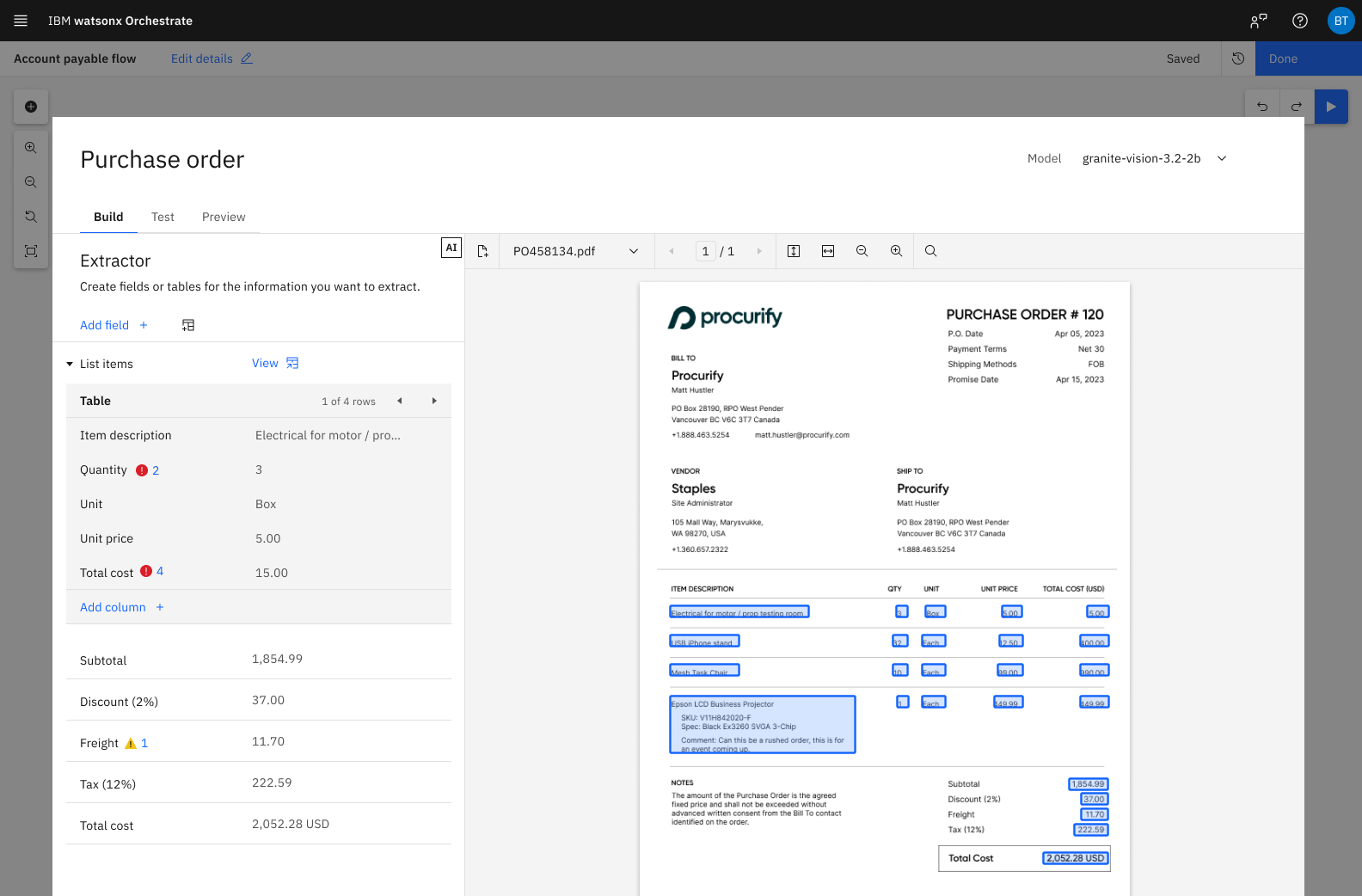 Extraction interface showing document fields with review and quality indicators.