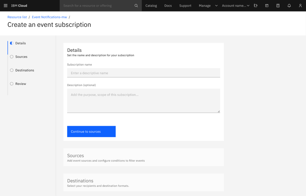 Event Notifications create-subscription flow on the Details step