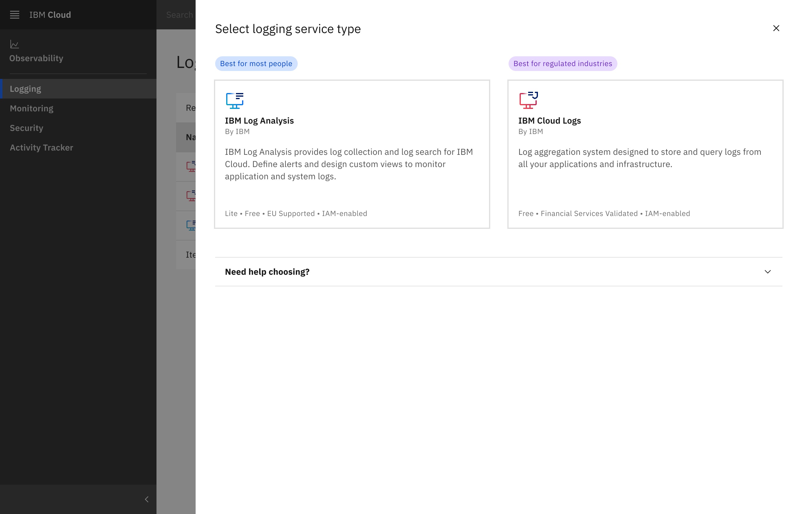 IBM Cloud Logs create side panel