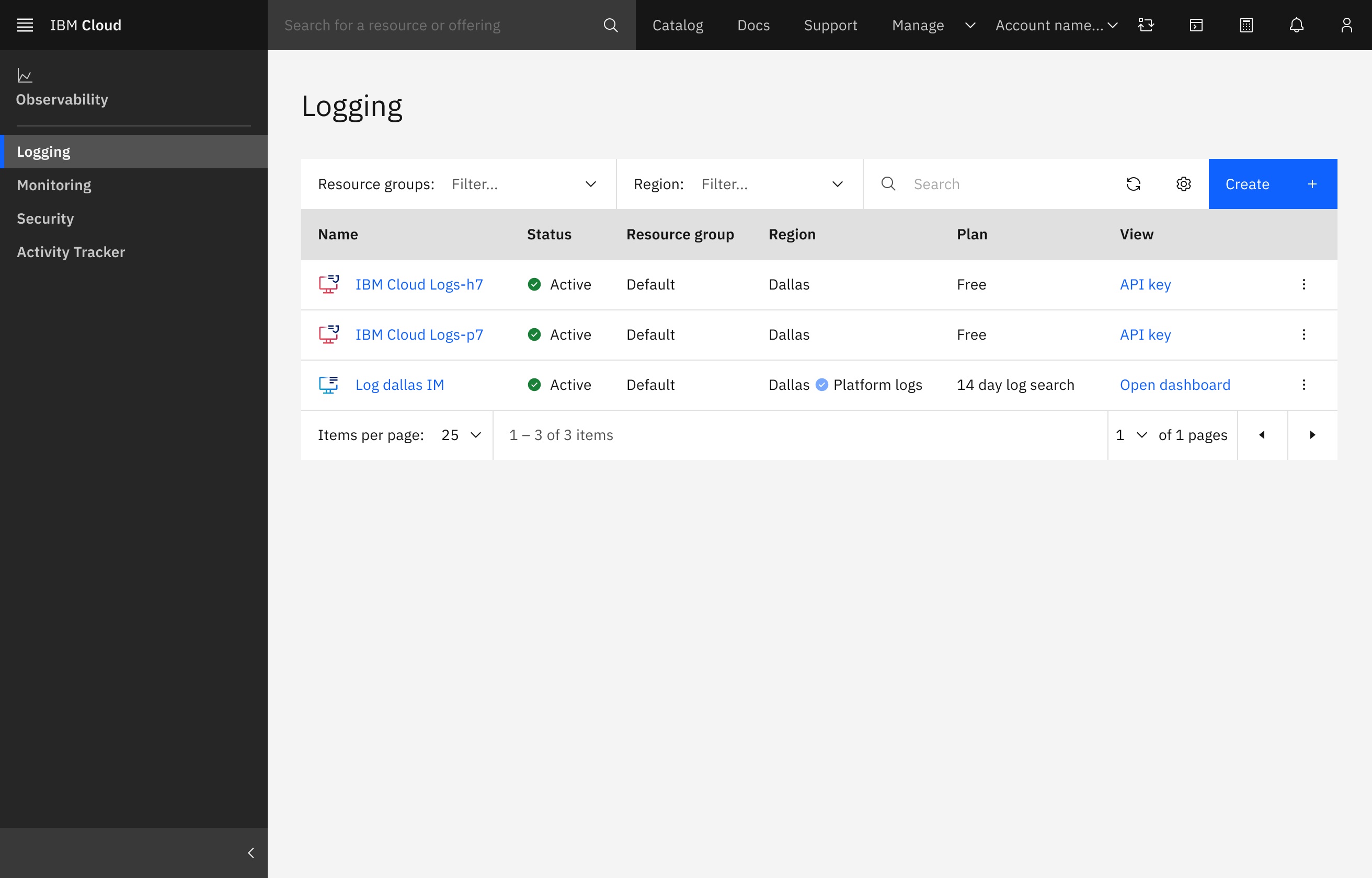 IBM Cloud Logs instance list design