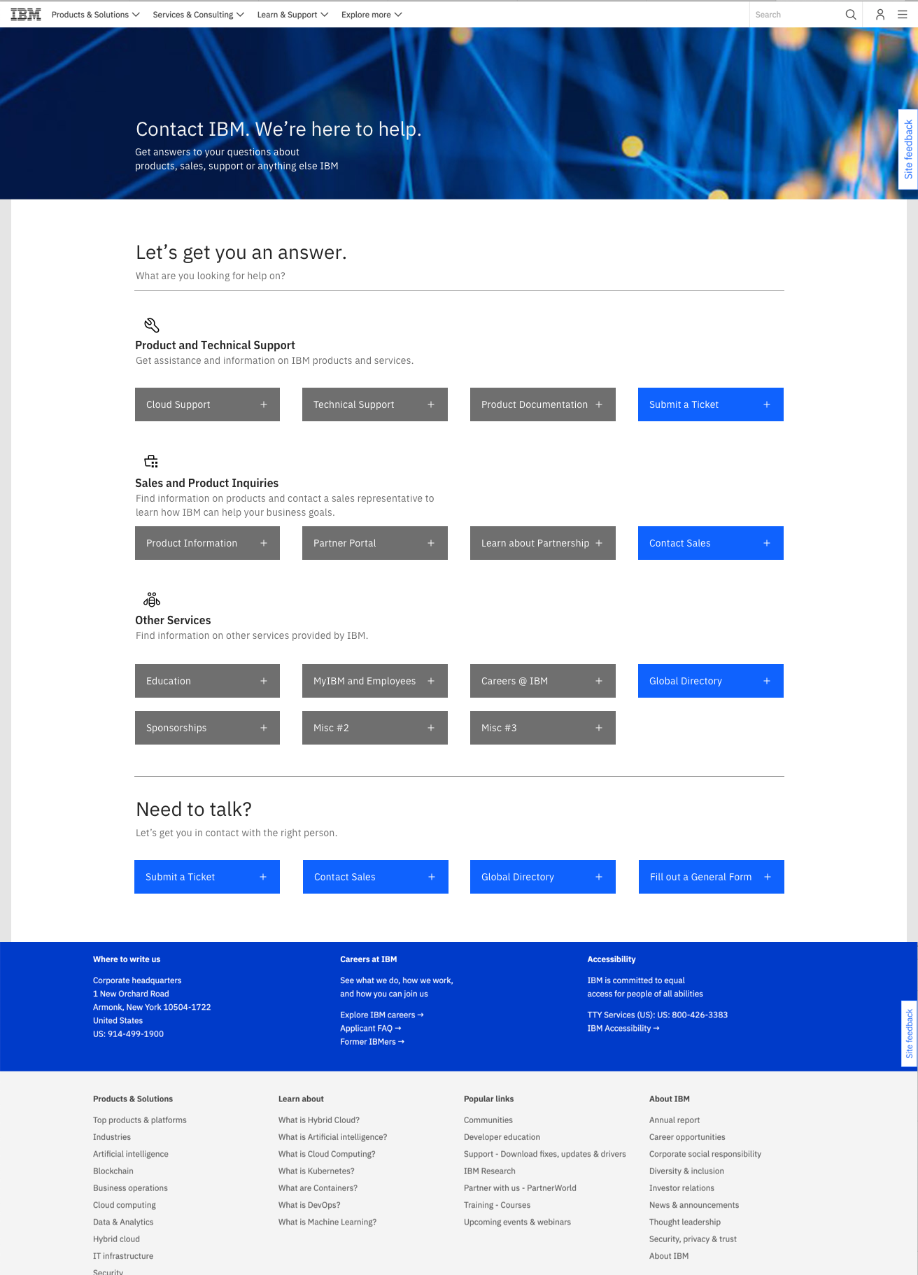 Mid-fidelity Contact IBM exploration showing a grid of support destinations and direct contact routes