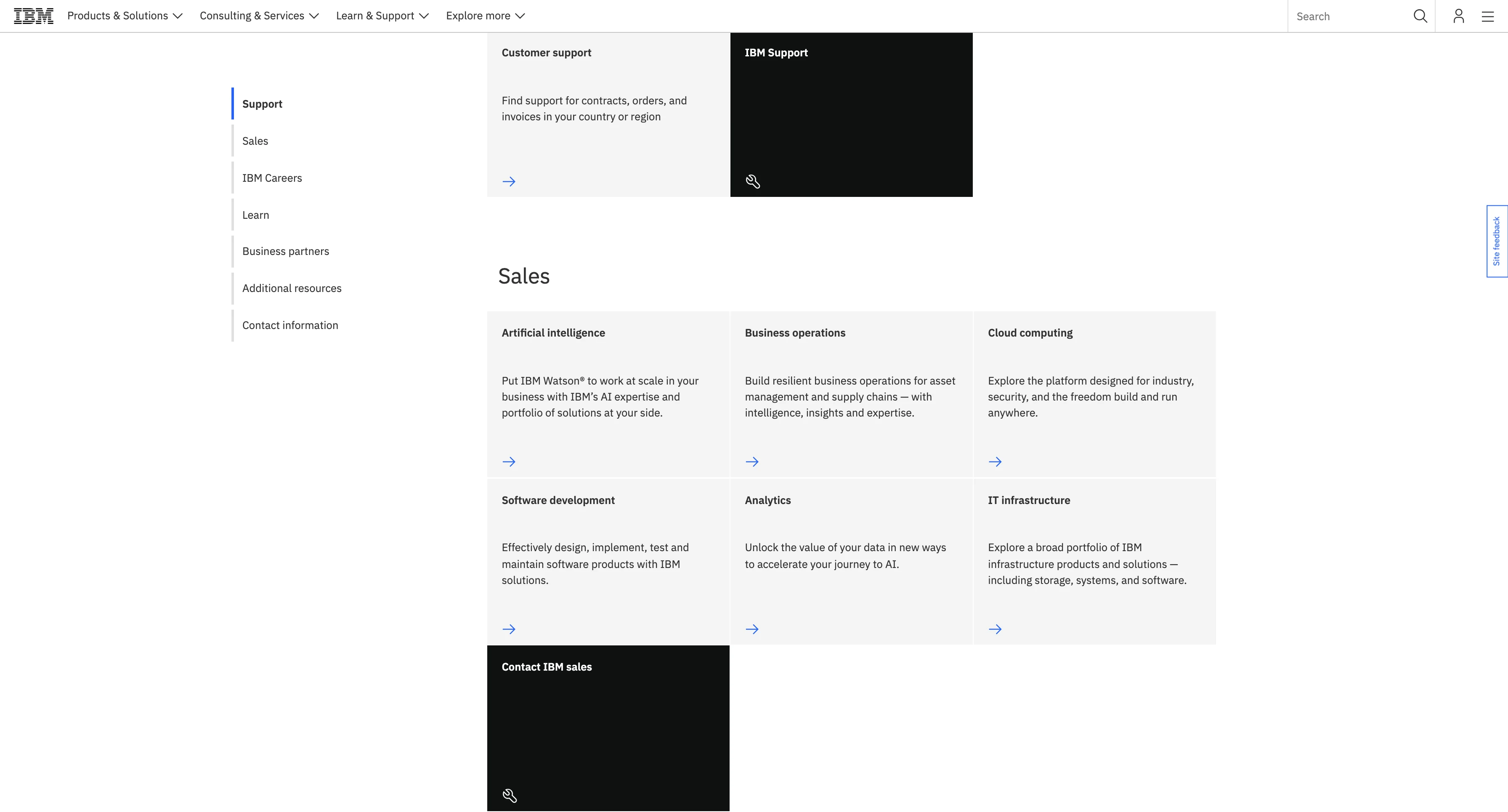 IBM Contact Us Sales subcategory navigation