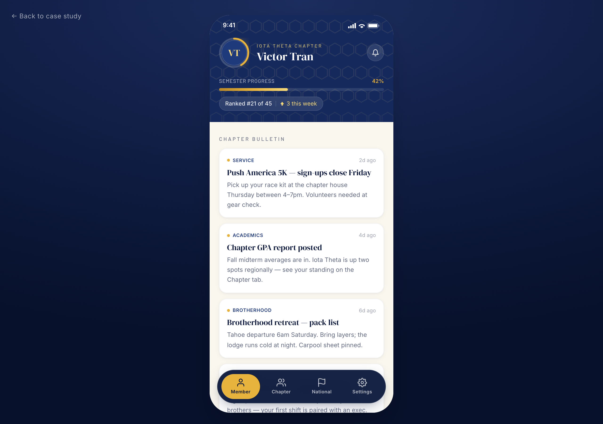 Pi Kapp App prototype: Member dashboard with avatar progress ring, semester bar, rank chip, and chapter bulletin feed