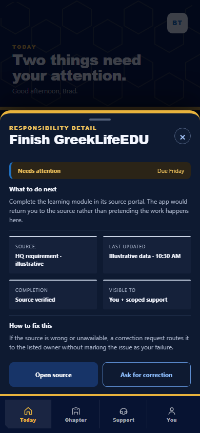 Earlier V2 responsibility detail screen showing what to do next