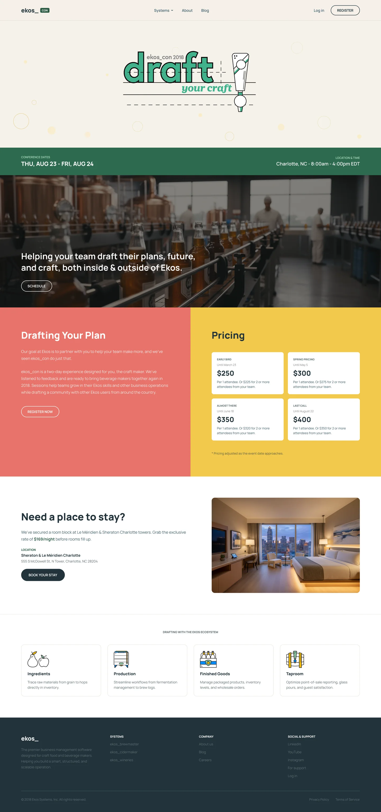 Complete Ekos Con desktop landing page with Draft Your Craft identity, conference details, brewery photography, pricing, lodging, and product illustrations