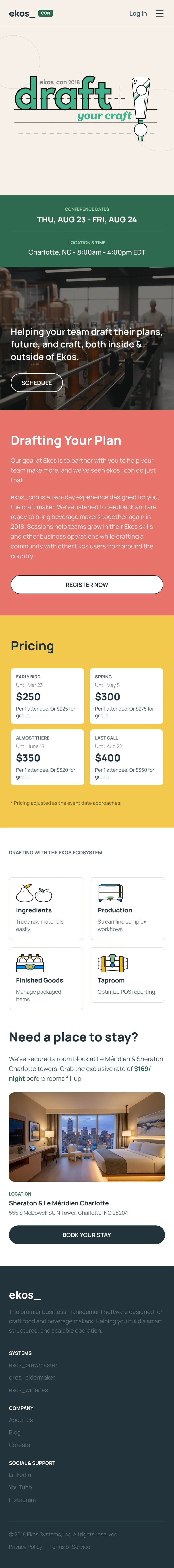 Complete responsive Ekos Con mobile landing page preserving the Draft Your Craft identity, color-blocked sections, pricing, illustrations, and lodging information