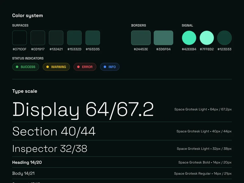Magi visual-system study showing dark surface colors, emerald signals, status colors, and a Space Grotesk type scale