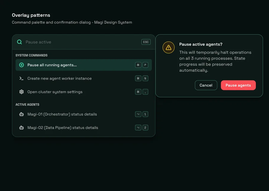 Magi overlay study with a fictional command palette and pause-agents confirmation dialog