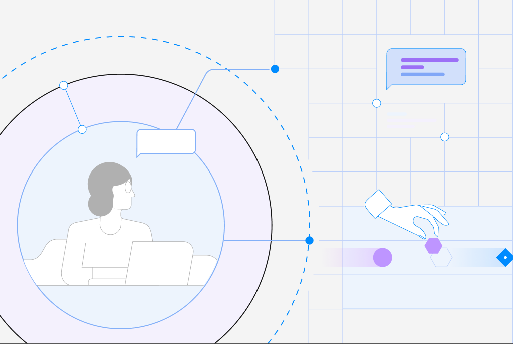 Illustration of a person and workflow elements connected across a shared canvas